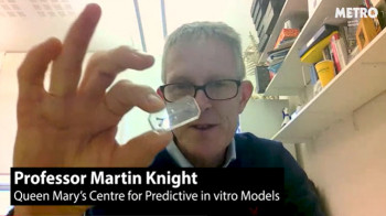 Screen shot of the interview with Prof Knight holding an Emulate organ-chip/